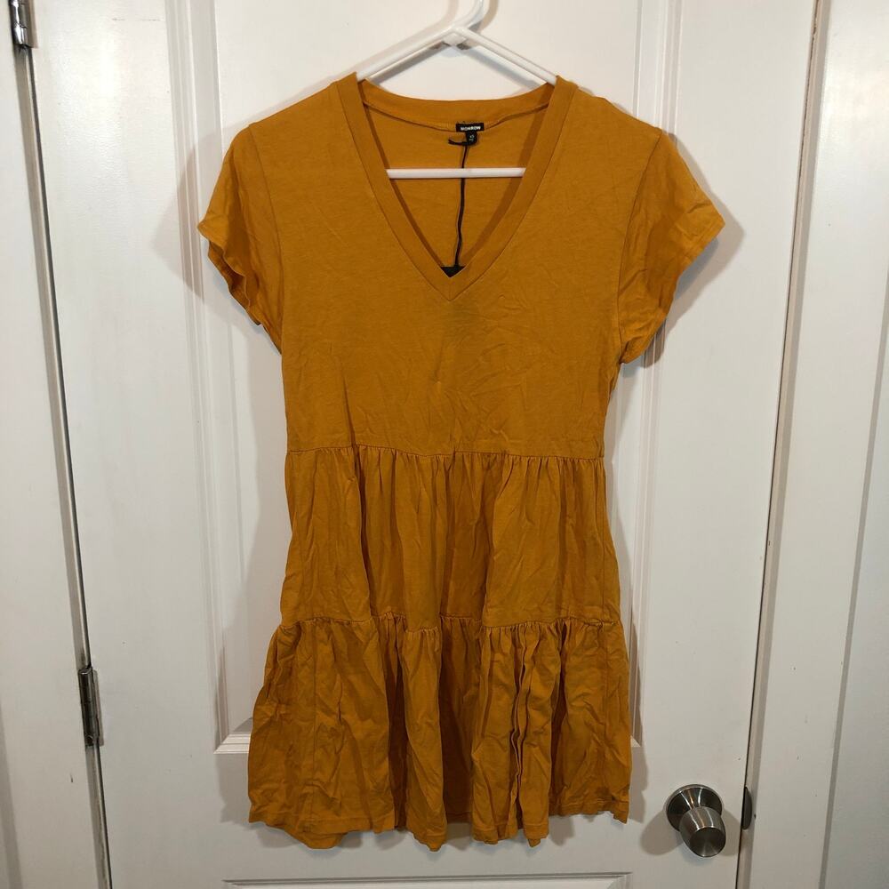Monrow Women's Tiered Mini Ruffle Dress Yellow XS $124 NWT's HD0380-1 Marigold